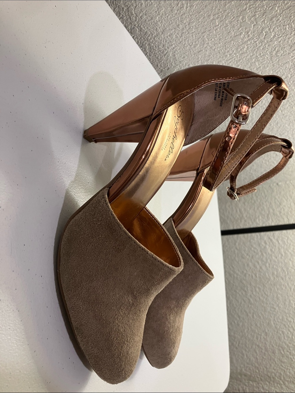 Seychelles Rose Gold and Camel Suede Heels